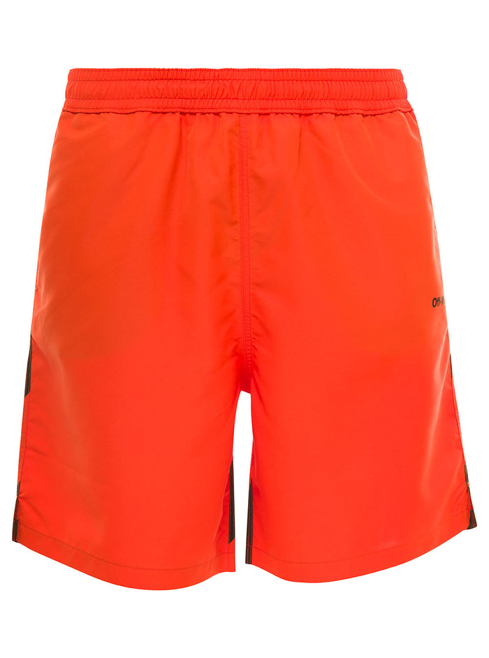 Orange Swim Trunks With Diag Print At The Back Polyester Man Beachwear