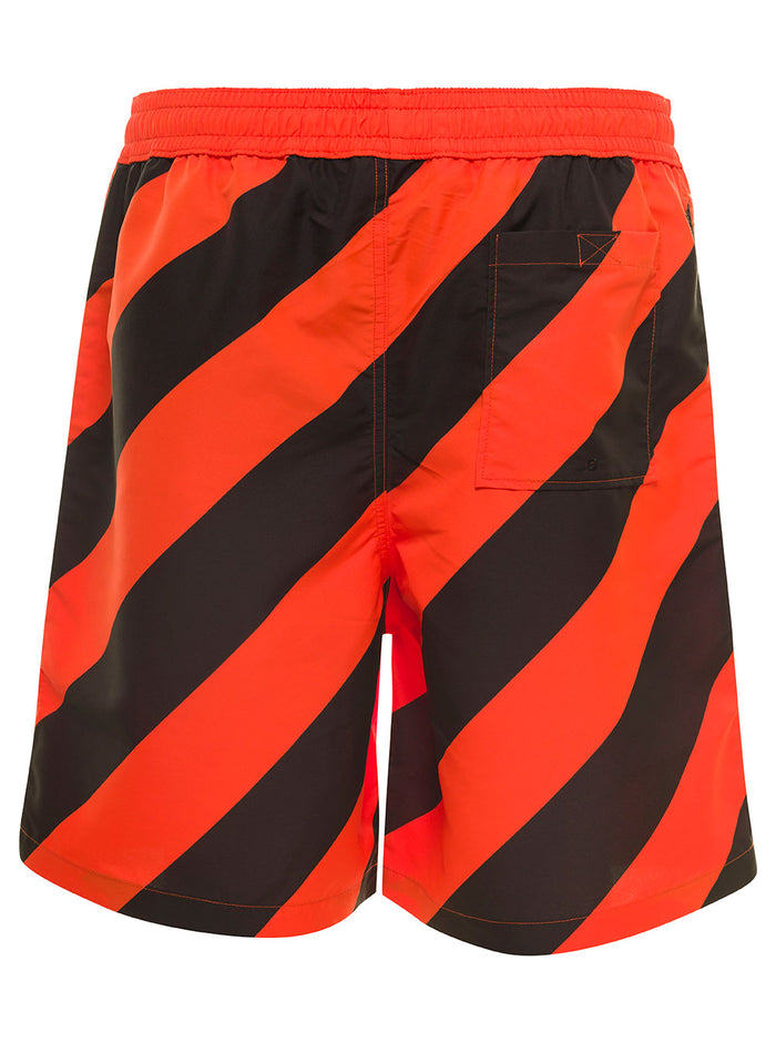 Orange Swim Trunks With Diag Print At The Back Polyester Man Beachwear