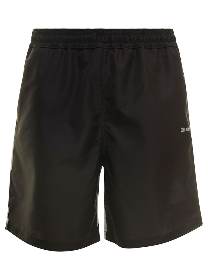 Black Swim Trunks With Diag Print At The Back Polyester Man Beachwear