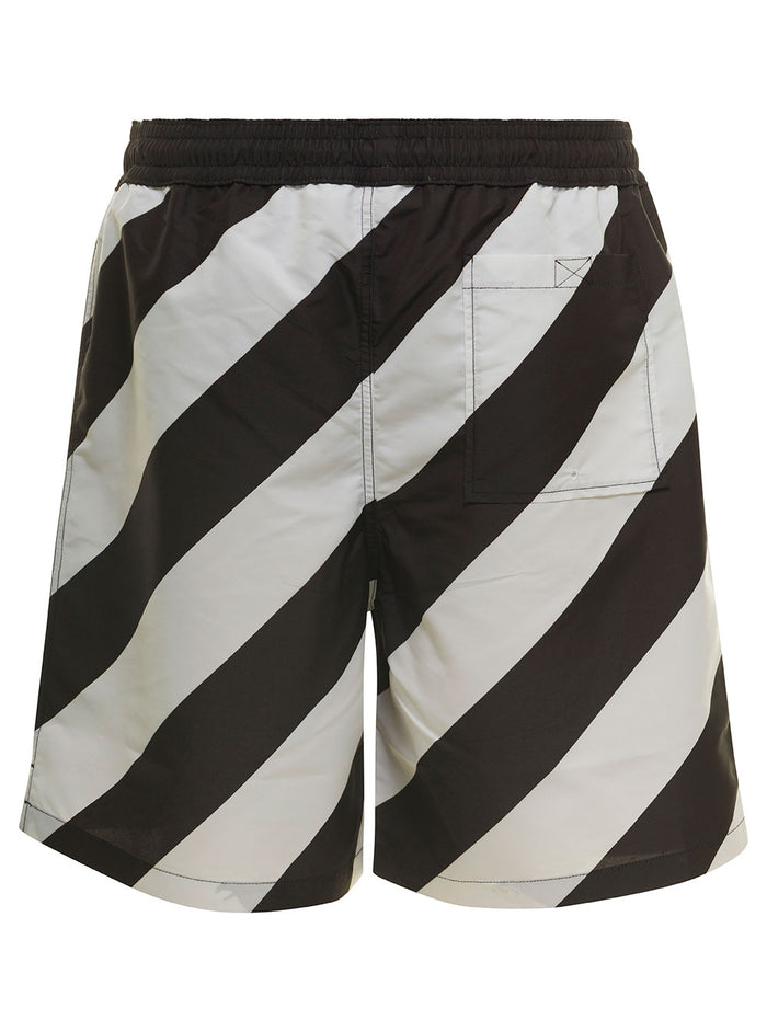 Black Swim Trunks With Diag Print At The Back Polyester Man Beachwear