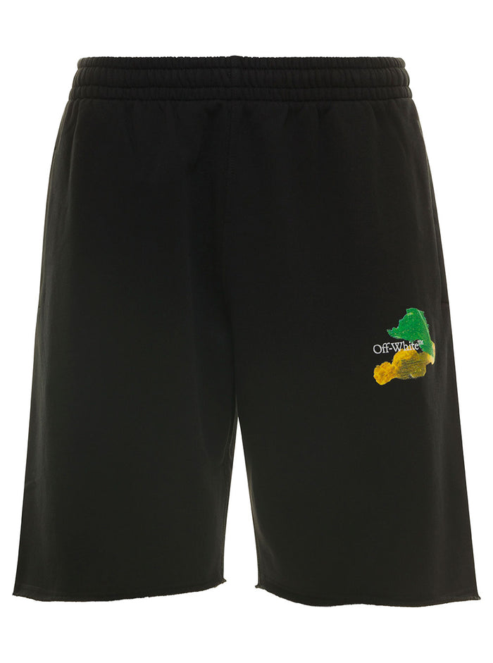 Black Shorts With Brush Logo And Arrow Print Cotton Man Bermuda