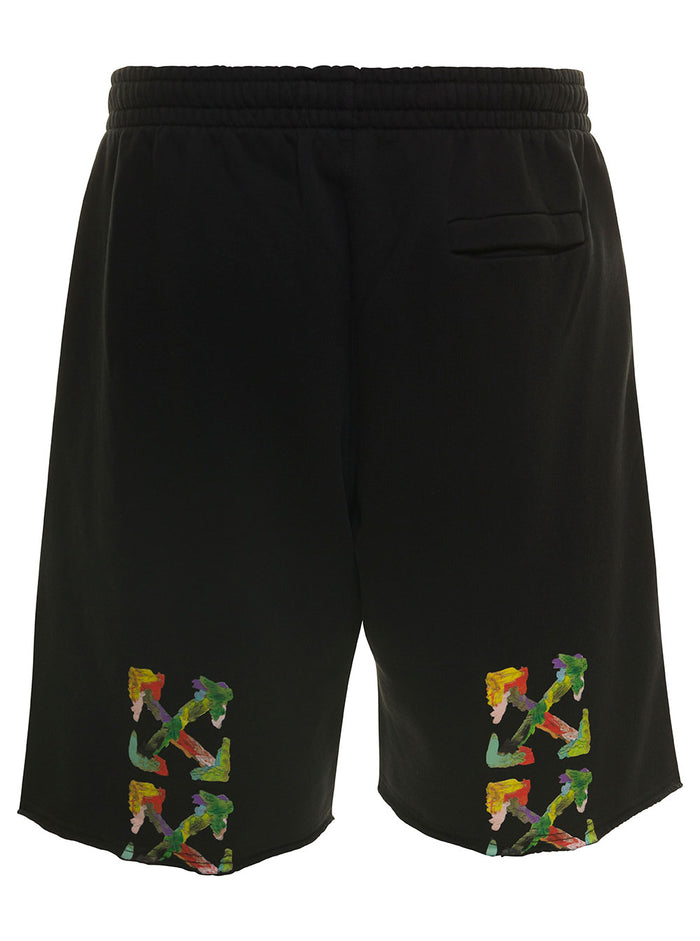 Black Shorts With Brush Logo And Arrow Print Cotton Man Bermuda