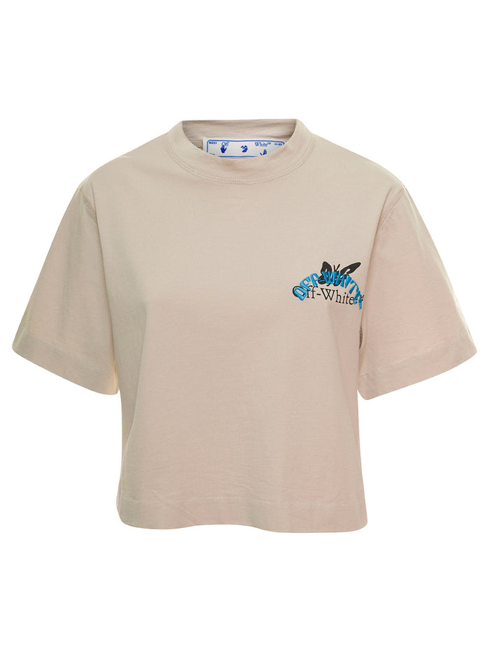 Off-White Cropped T-Shirt With Butterfly Print And Logo Embroidery Cotton Woman Beige Tshirts Polo Shirts