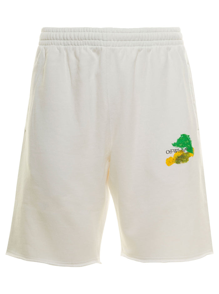 White Shorts With Brush Logo And Arrow Print Cotton Man Bermuda