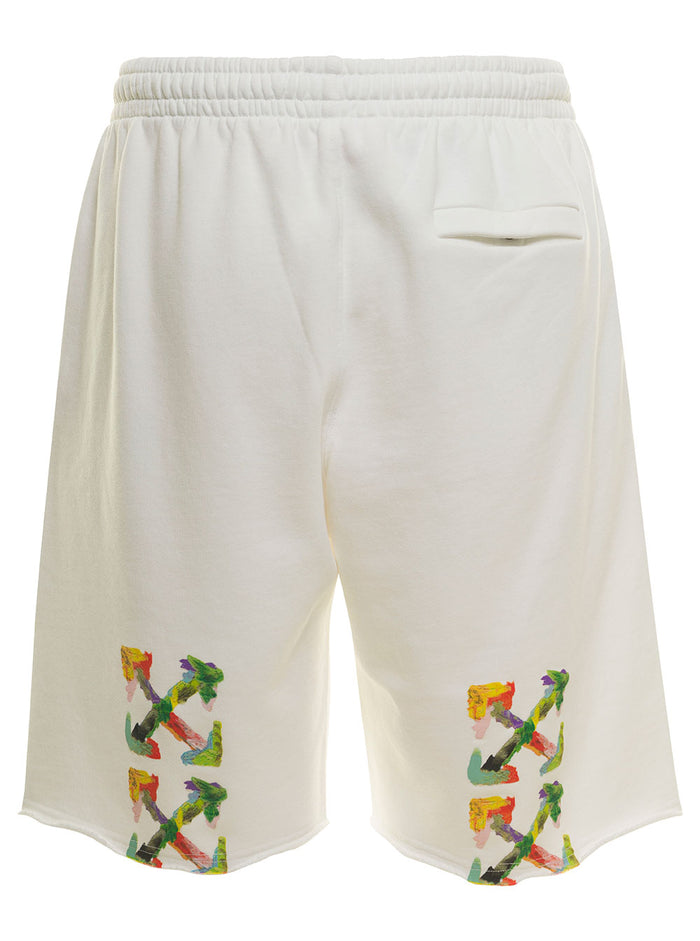 White Shorts With Brush Logo And Arrow Print Cotton Man Bermuda