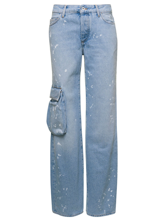 Light Blue Jeans With Cargo Pocket And Paint Stains Cotton Denim Woman