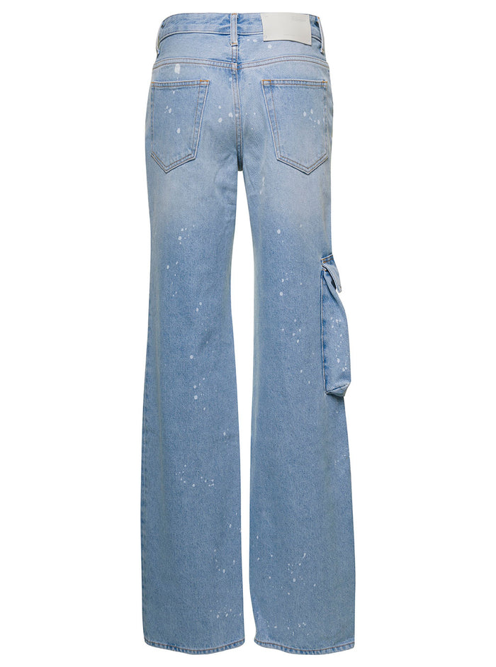 Light Blue Jeans With Cargo Pocket And Paint Stains Cotton Denim Woman