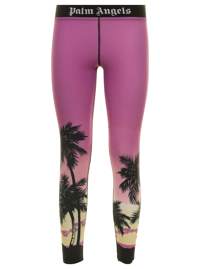 Purple Leggings With Logo And Sunset Print Stretch Fabric Woman Elastane Trousers