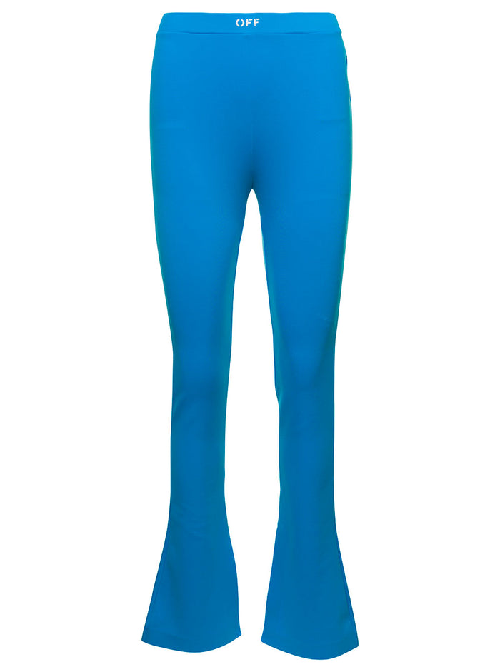 Light Blue Flared Leggings With Contrasting Logo Print Stretch Polyamide Woman Elastane Trousers