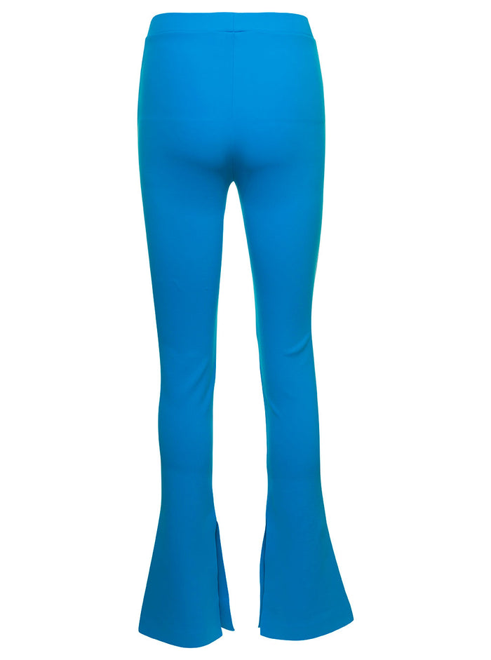 Light Blue Flared Leggings With Contrasting Logo Print Stretch Polyamide Woman Elastane Trousers