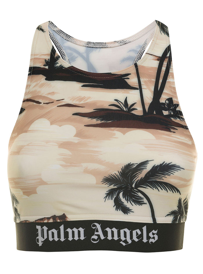 Beige Sports Bra With Miami Print And Elastic Band Stretch Fabric Woman Elastane Tops
