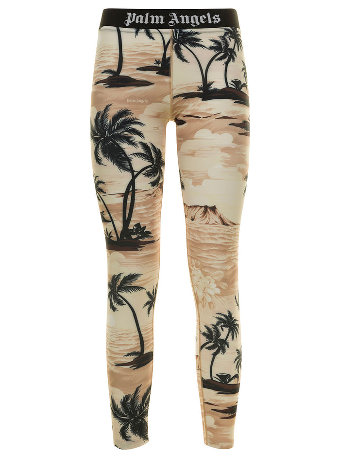 Beige Leggings With Logo And Miami Print Stretch Fabric Woman Elastane Trousers