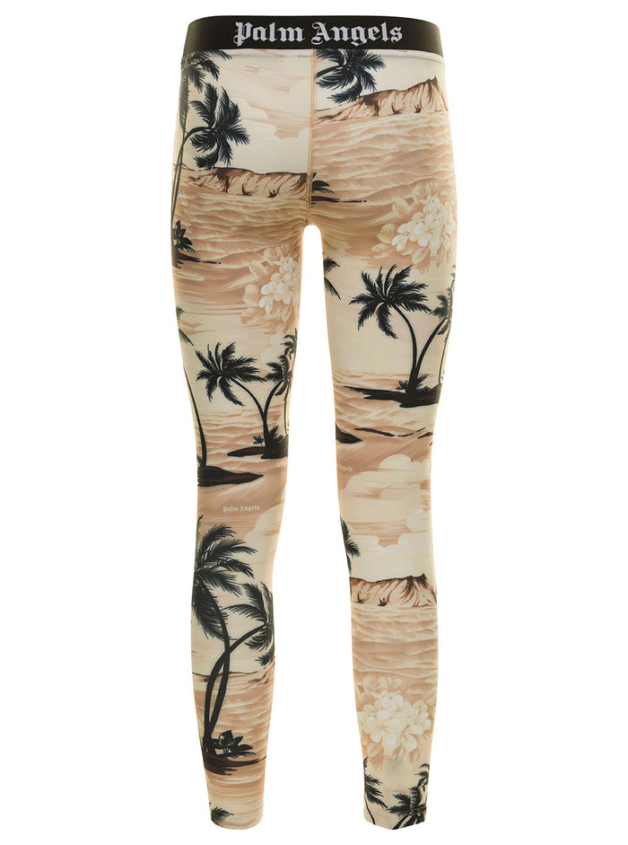 Beige Leggings With Logo And Miami Print Stretch Fabric Woman Elastane Trousers