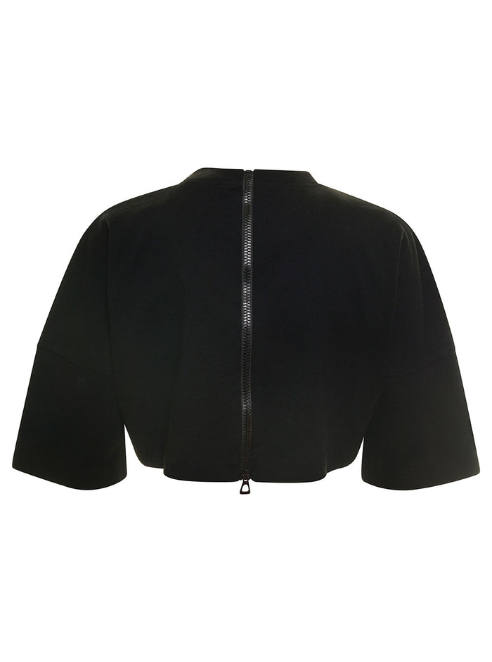 Black Cropped T-Shirt With Zip And Contrasting Logo Print Cotton Woman Tshirts Polo Shirts