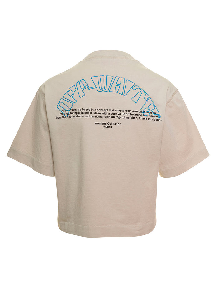 Off-White Cropped T-Shirt With Butterfly Print And Logo Embroidery Cotton Woman Beige Tshirts Polo Shirts