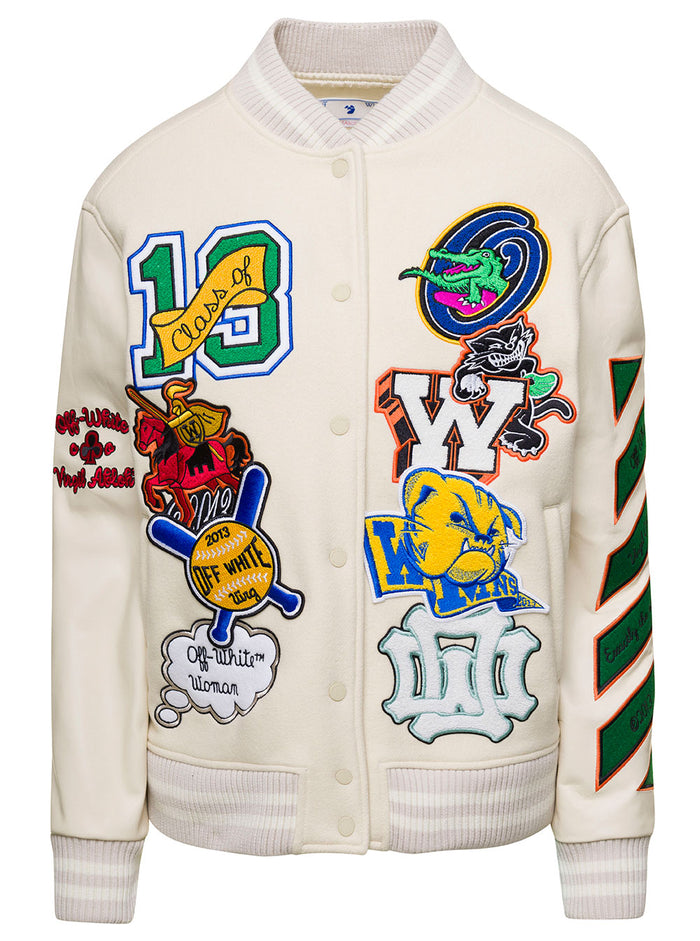 White Bomber Jacket With Patches And Contrasting Stitching Wool Blend Woman Virgin Polyamide