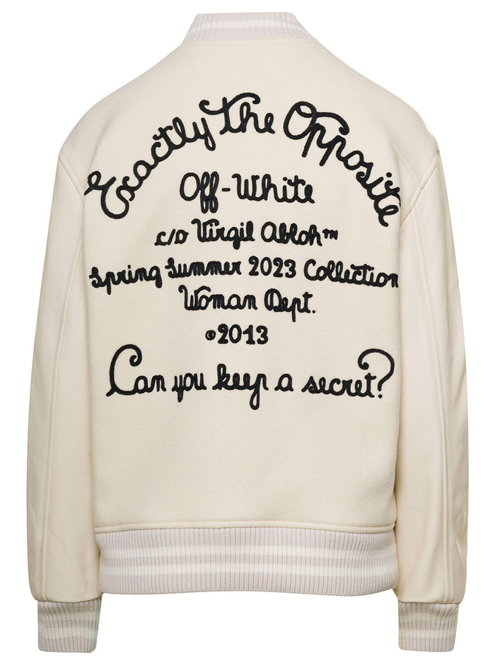 White Bomber Jacket With Patches And Contrasting Stitching Wool Blend Woman Virgin Polyamide