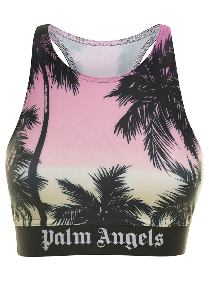 Pink Sports Bra With All-Over Graphic Print And Elastic Band Stretch Fabric Woman Elastane Tops