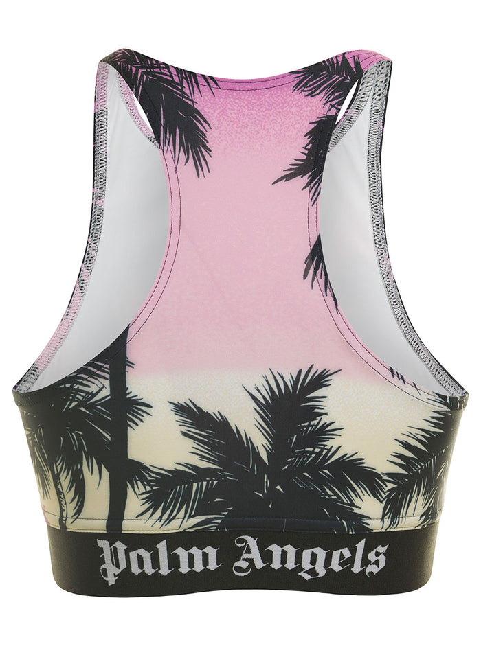 Pink Sports Bra With All-Over Graphic Print And Elastic Band Stretch Fabric Woman Elastane Tops