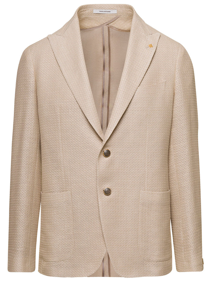 Beige Single-Breasted Jacket With Logo Charm Heavy Linen Blend Man Viscose Cotton Blazers