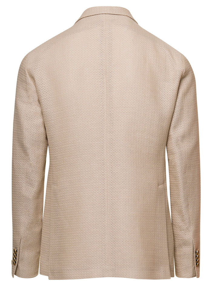 Beige Single-Breasted Jacket With Logo Charm Heavy Linen Blend Man Viscose Cotton Blazers