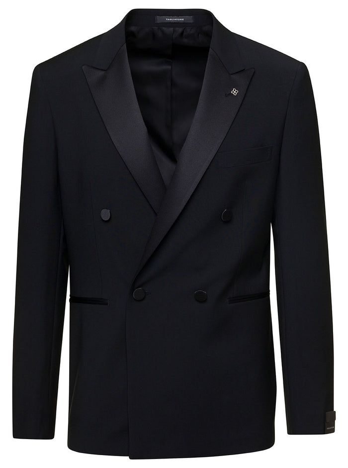 Back Double-Breasted Jakcet With Satin Revers And Logo Charm Wool Man Black Virgin Blazers