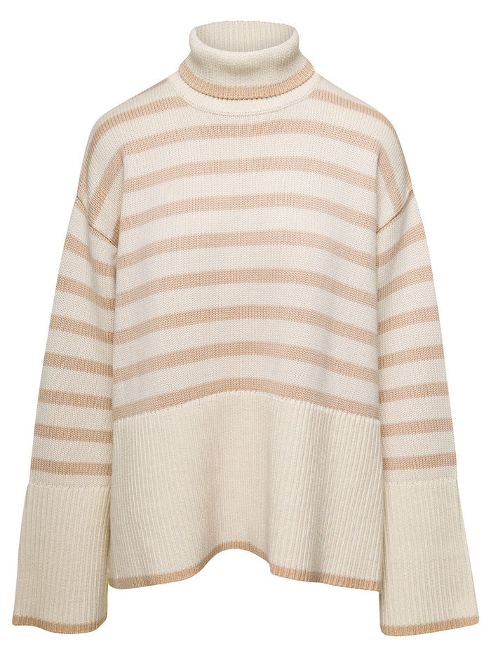 Beige Striped Turtleneck Sweater Wool Blend Woman Rws Orgaic Cotton Jersey