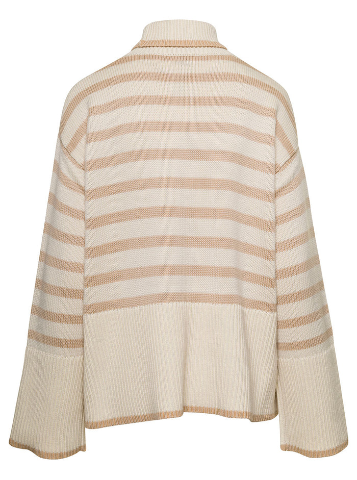 Beige Striped Turtleneck Sweater Wool Blend Woman Rws Orgaic Cotton Jersey