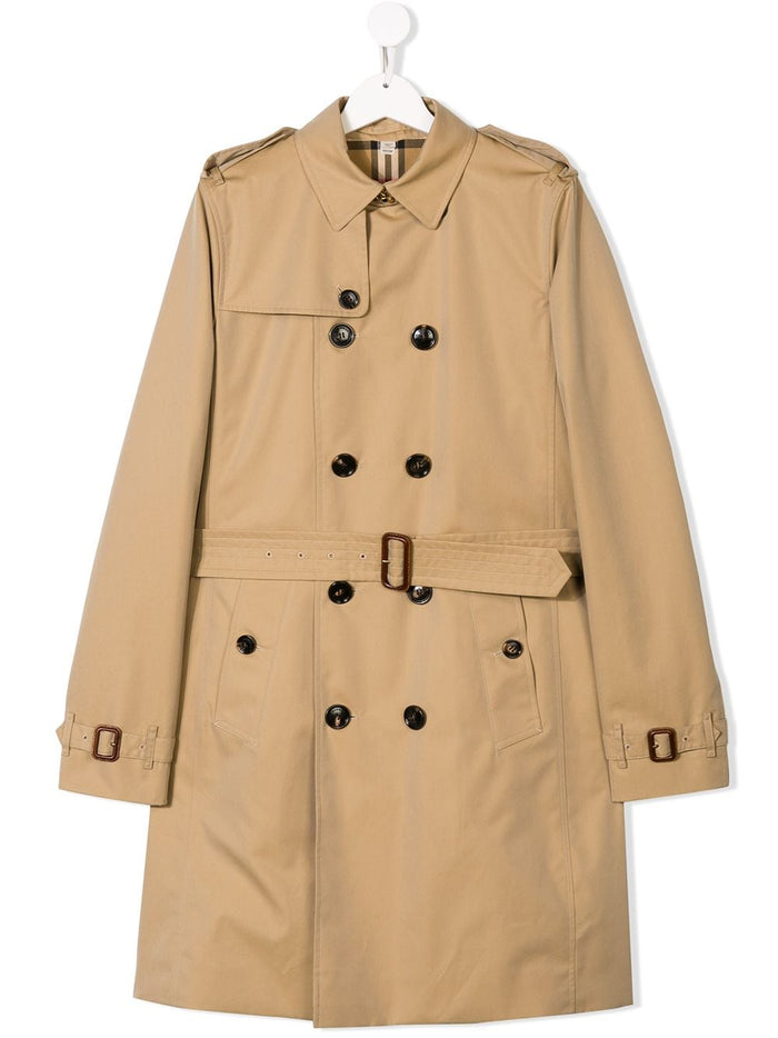 Burberry Kids Girls Double-Breasted Beige Cotton Trench Coat With Vintage Check Inserts