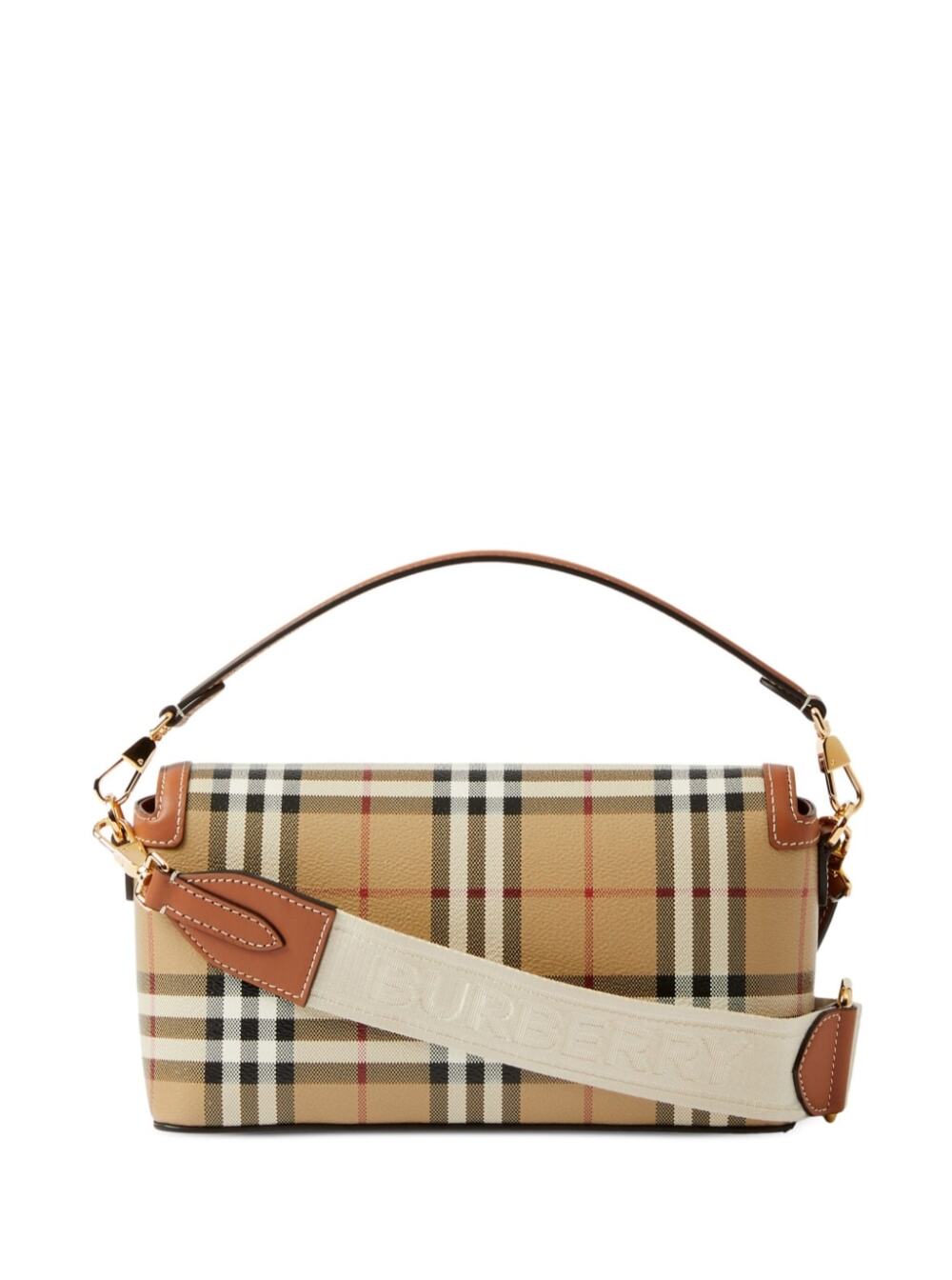 The Note Bag With All-Over Check Pattern Brown Leather Woman Beige Polyurethane Polyester Cotton Crossbody