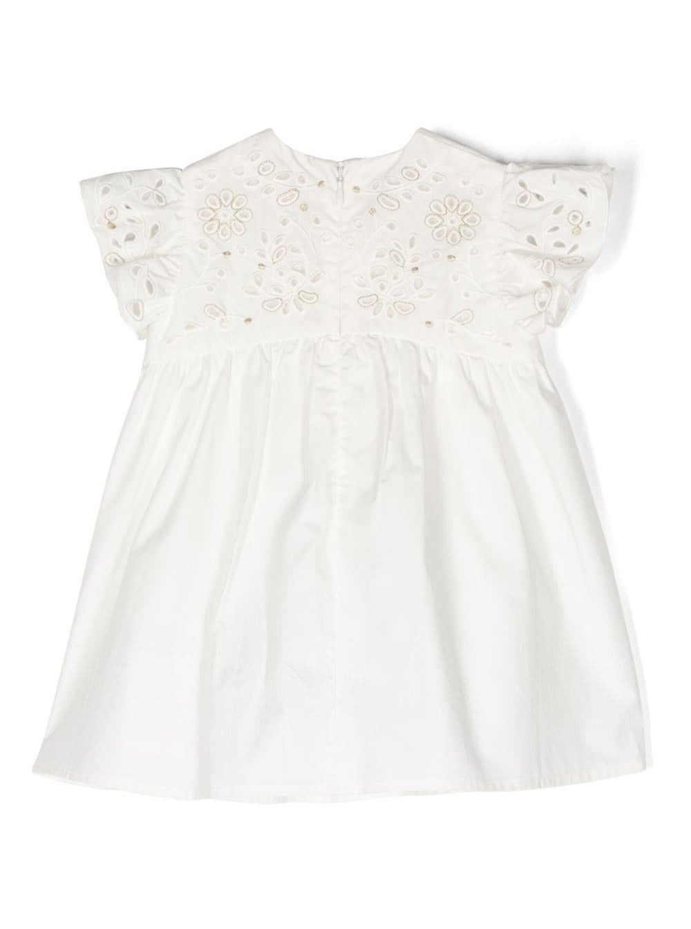 White Flared Dress With Floreal Embroidery Cotton Baby