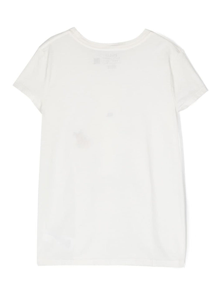 White Crewneck T-Shirt With Teddy Bear Print Cotton Girl Tshirts And Polo Shirts