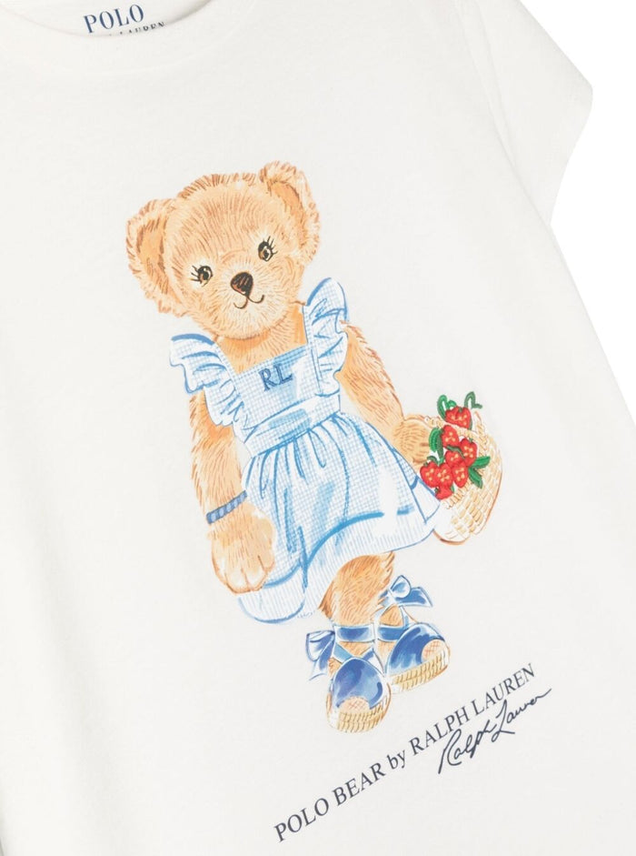 White Crewneck T-Shirt With Teddy Bear Print Cotton Girl Tshirts And Polo Shirts