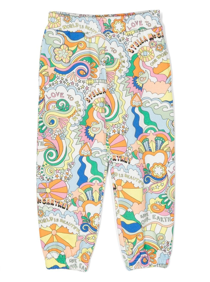 Multicolor Pants With All-Over Graphic Print Cotton Girl Trousers