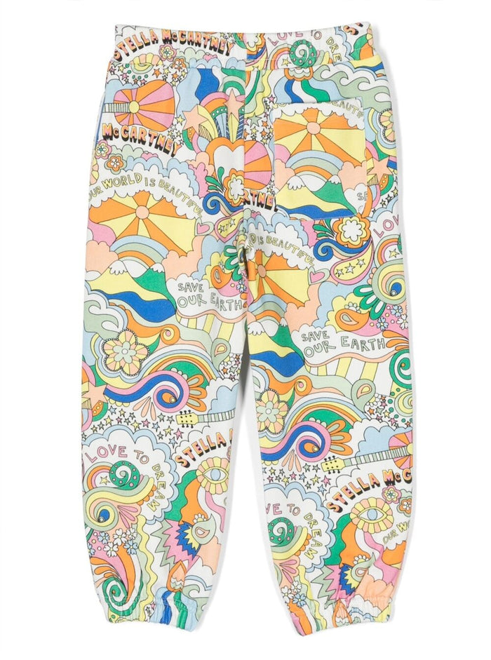 Multicolor Pants With All-Over Graphic Print Cotton Girl Trousers