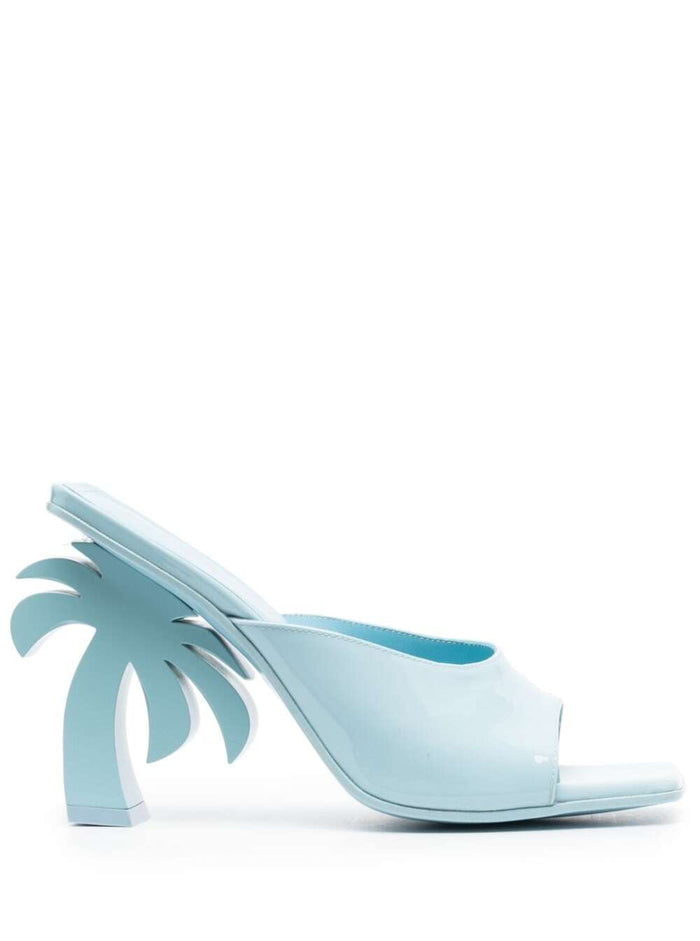 Palm Tree Blue Mules With Tree-Shaped Heel Leather Woman Light Calf Heels