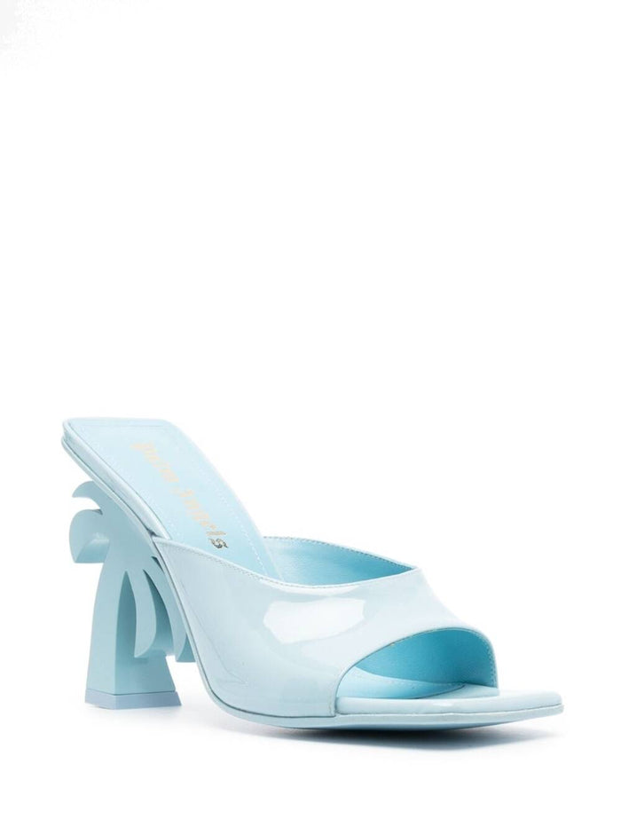 Palm Tree Blue Mules With Tree-Shaped Heel Leather Woman Light Calf Heels