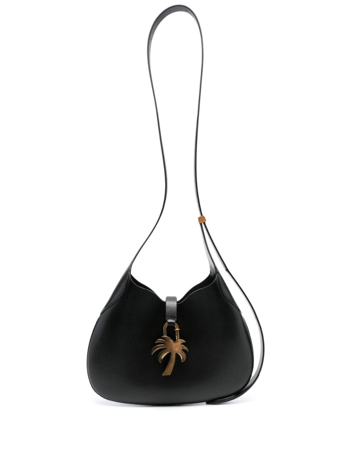 Black Hobo Bag With Plam Tree Plaque Detail Leather Woman Crossbody