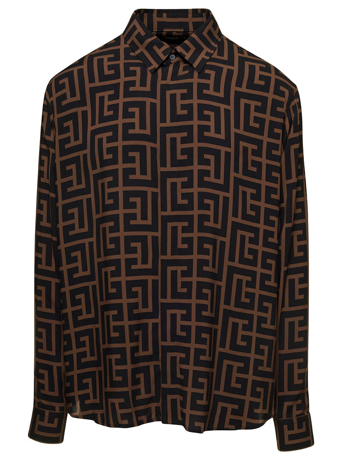 Brown And Black Shirt With All-Over Monogram Print Viscose Man Blouses