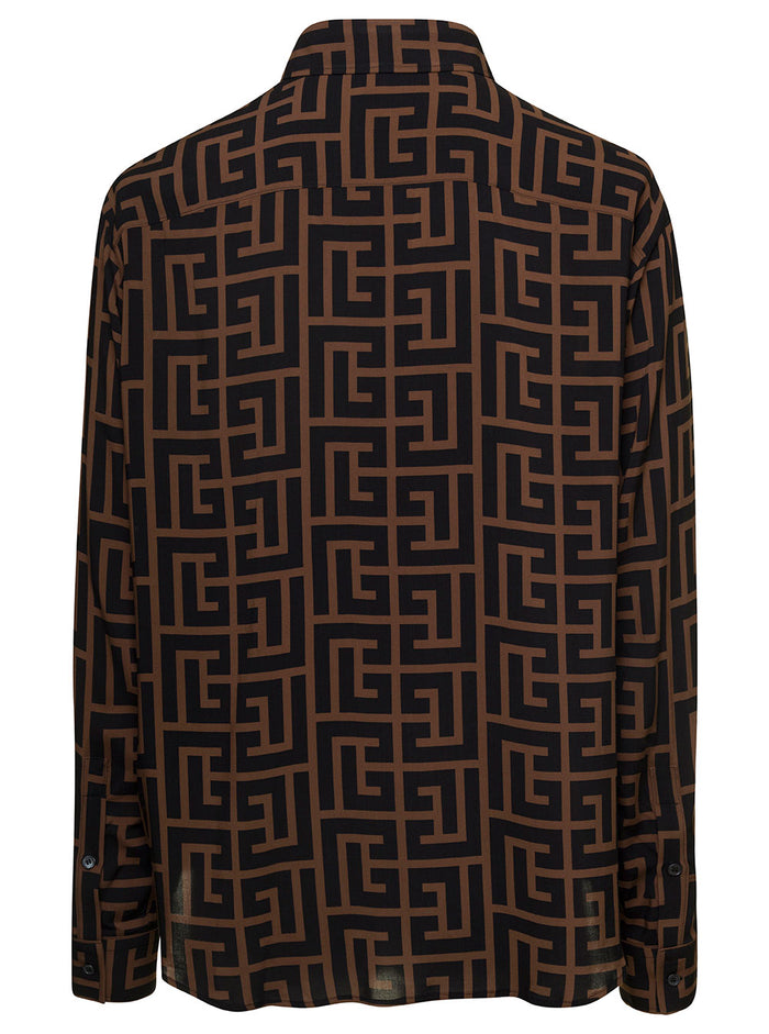 Brown And Black Shirt With All-Over Monogram Print Viscose Man Blouses