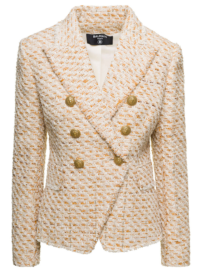 Beige Double-Breasted Jacket With Gold-Colored Branded Buttons Tweed Woman Blazers