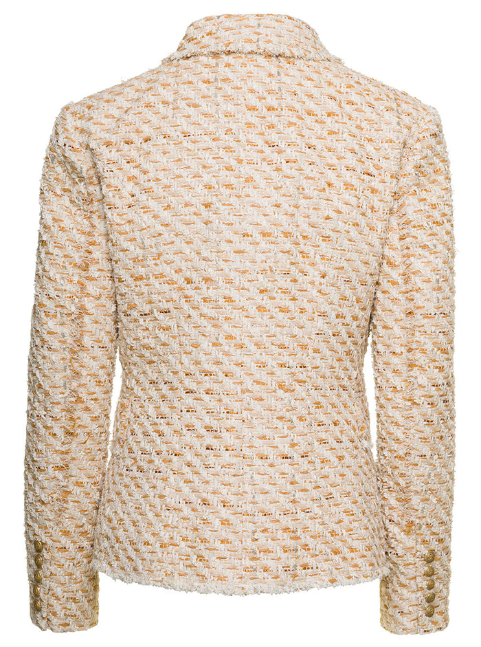 Beige Double-Breasted Jacket With Gold-Colored Branded Buttons Tweed Woman Blazers