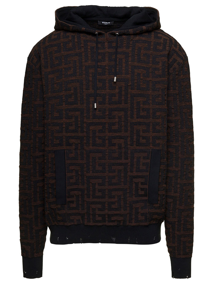 Brown Hoodie With All-Over Monogram Print Destroyed Effect Cotton Blend Man Polyamide Sweatshirts