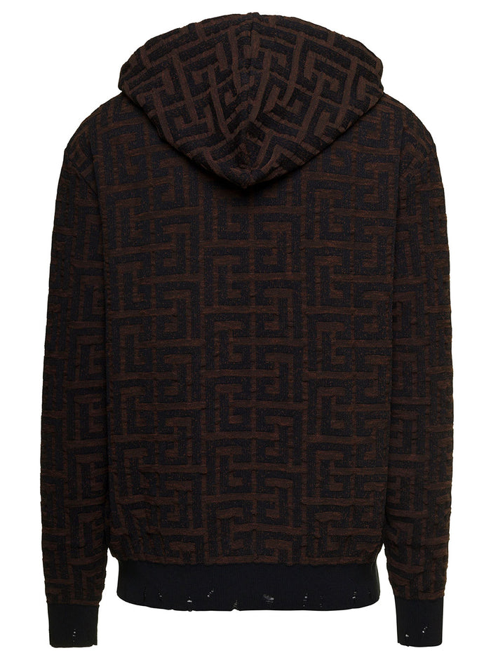 Brown Hoodie With All-Over Monogram Print Destroyed Effect Cotton Blend Man Polyamide Sweatshirts