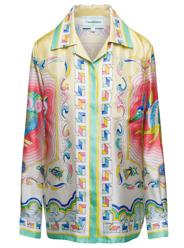 Multicolor Shirt With Cuban Collar And All-Over Graphic Print Silk Woman Blouses