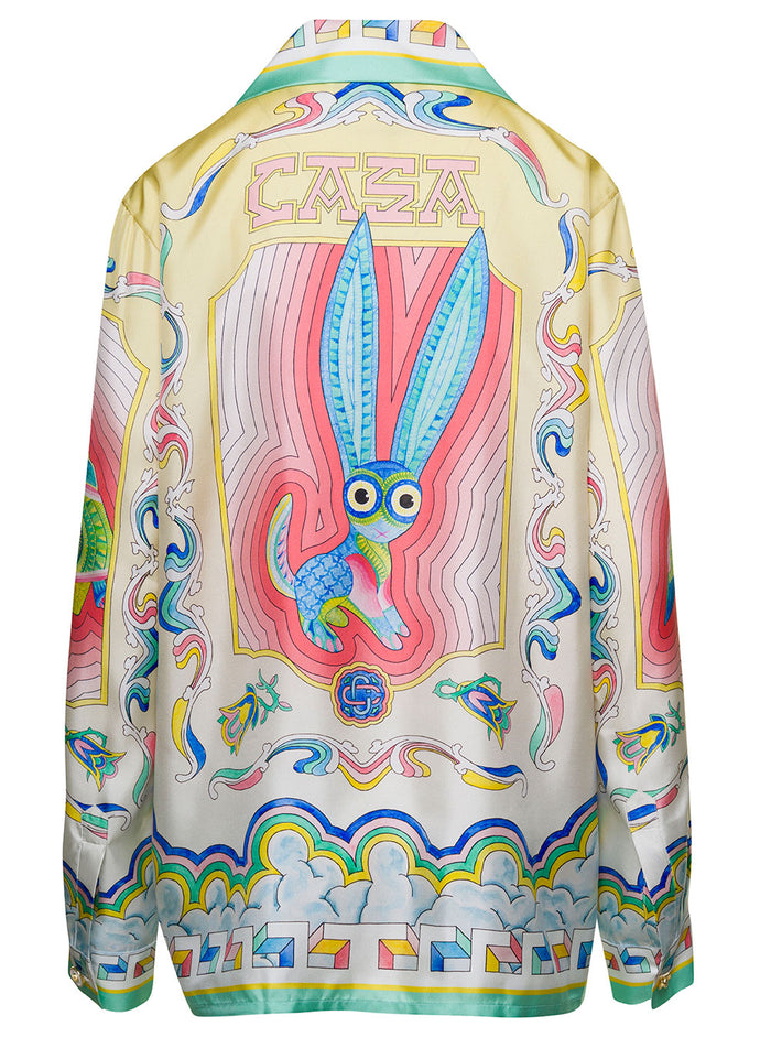 Multicolor Shirt With Cuban Collar And All-Over Graphic Print Silk Woman Blouses