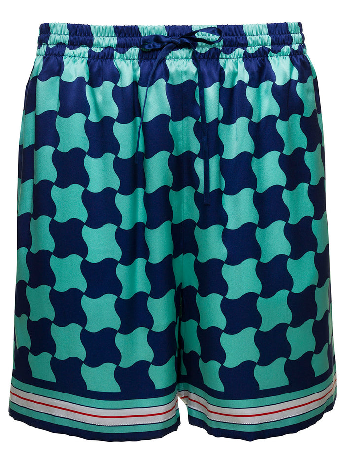 Blue Shorts With Drawstring And Graphic Print Silk Man Bermuda