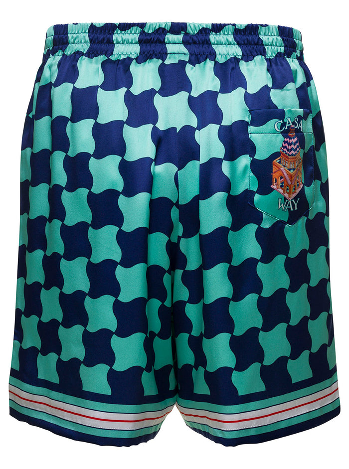 Blue Shorts With Drawstring And Graphic Print Silk Man Bermuda