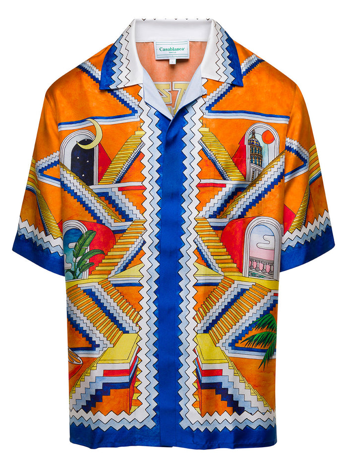 Multicolor Bowling Shirt With All-Over Escalier Infini Print Silk Man And Blouses
