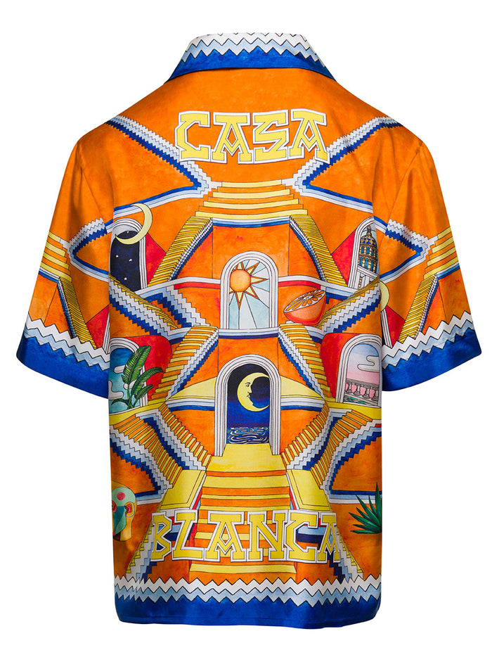 Multicolor Bowling Shirt With All-Over Escalier Infini Print Silk Man And Blouses